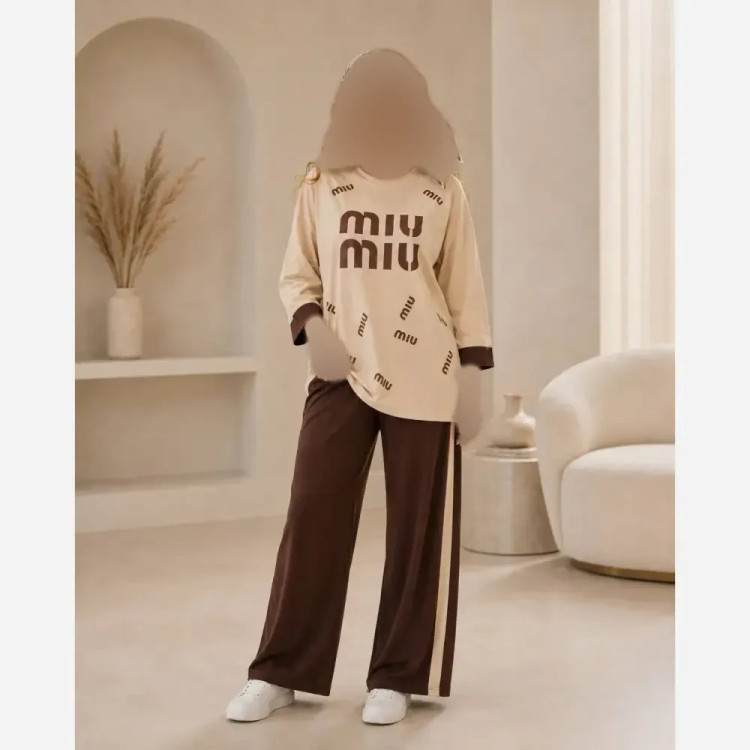 ست شومیز و شلوار گلکسی miu miu کرم قهوه ای فری سایز تا 48