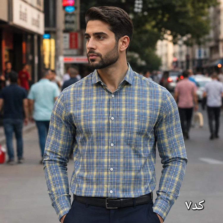 پیراهن آستین بلند مردانه نخی چهارخانه قواره آزاد جنس نخ پنبه