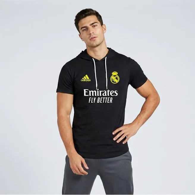 تی شرت کلاه دار مردانه نخی آستین کوتاه مدل رئال مادرید مناسب بهار و تابستان